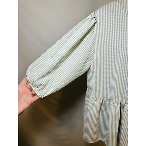 Carole Christian Seer Sucker Bow Front Puff Sleeve Green Boho Blouse Oversized S - Picture 6 of 11